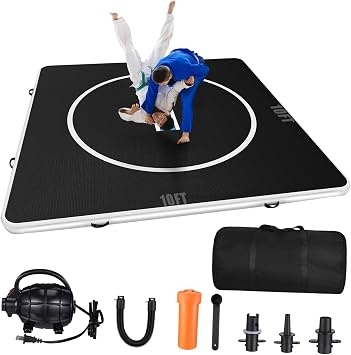 10x10 Inflatable Gymnastics Mat 4 Thick PVC Drop | Stitch Air Tumbling Mat with Pump, Bag, Repair Kit 15PSI for Yoga, Wrestling, Cheerleading, Martial Arts, Indoor/Outdoor
