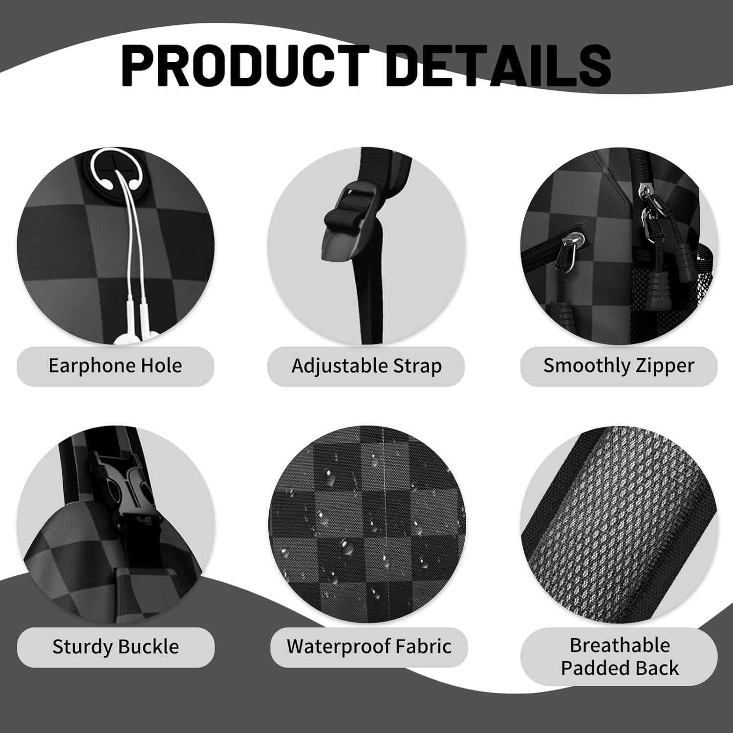 Gray Black Checkered Sling Bag Crossbody Chest Bag for Women Men,Water Resistant Lightweight Casual Crossbody Bag with Adjustable Strap, Travel Hiking Daypack Shoulder Backpack - Image 4