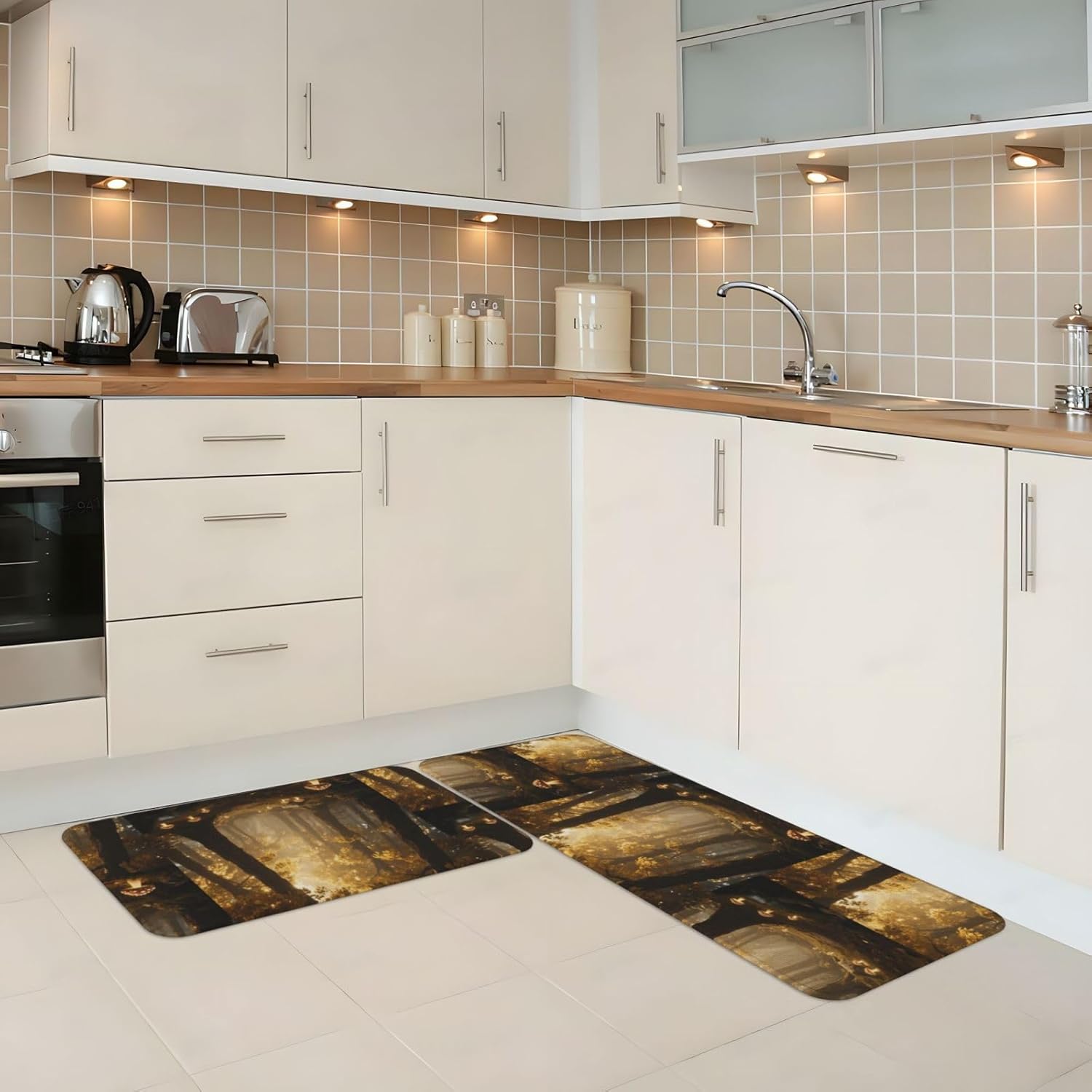Magic Forest Kitchen Rugs Set of 2, Cushioned Anti-Fatigue Kitchen Mats for Floor, Waterproof Comfort Standing Mat Absorbent Velvet Kitchen Runner Rugs 17"x30"+17"x47"