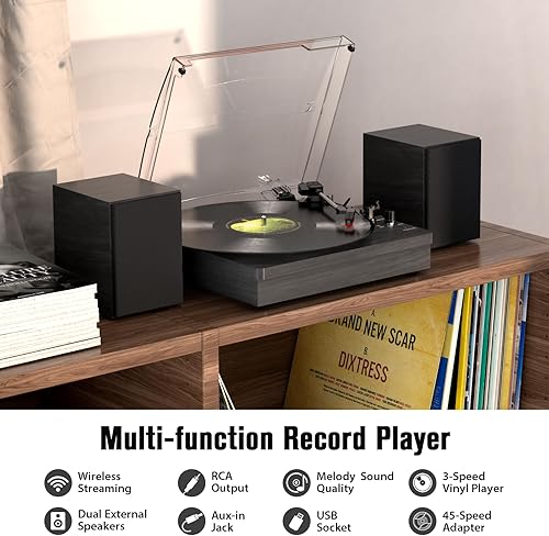 Miniatura 3 de Reproductor de discos de vinilo con dos altavoces estéreo, tocadiscos de reproducción Bluetooth con entrada de auriculares AUX de 3 velocidades y