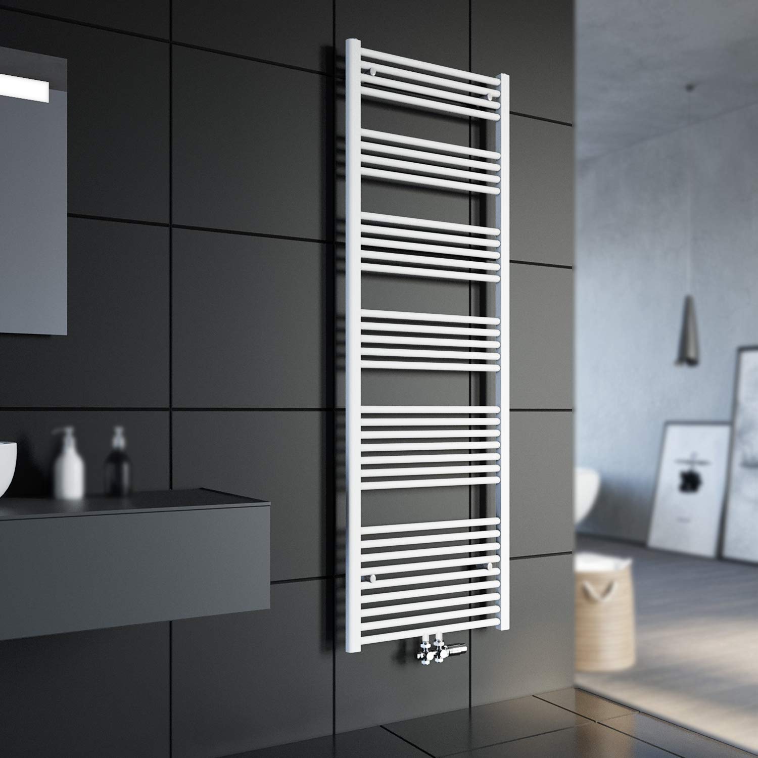 SONNI Grzejnik łazienkowy, 1800 x 600 mm, suszarka na ręczniki, biała, 821 W, designerska, ogrzewanie, przyłącze środkowe z białym termostatem multiblokowym