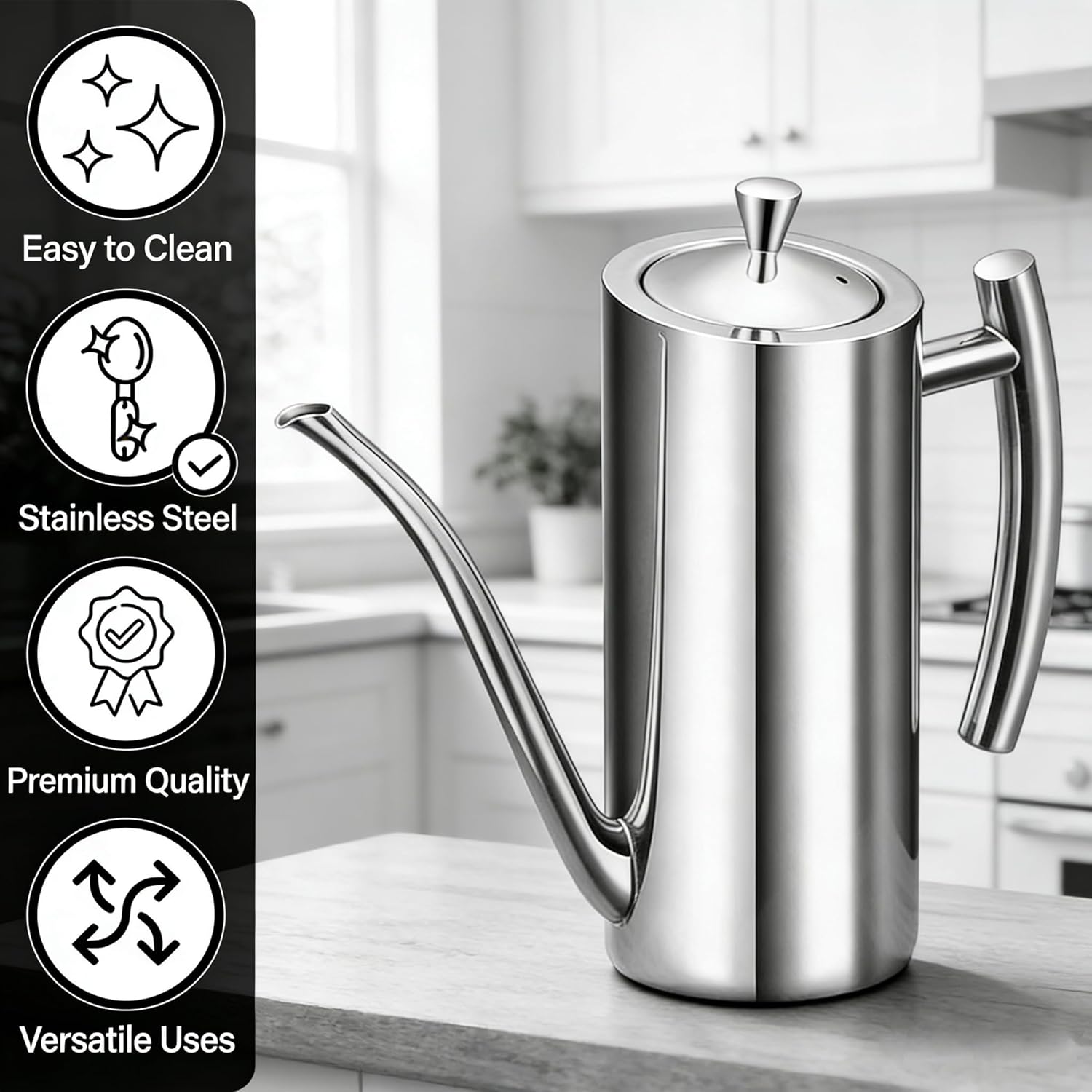 KSENDALO Stainless Steel Olive Oil Dispenser - 24oz/700mL Leakproof Oil Bottle, Premium One-Piece Design with Long Narrow Spout, Vertical Handle Kitchen Cruet for Precision Pouring