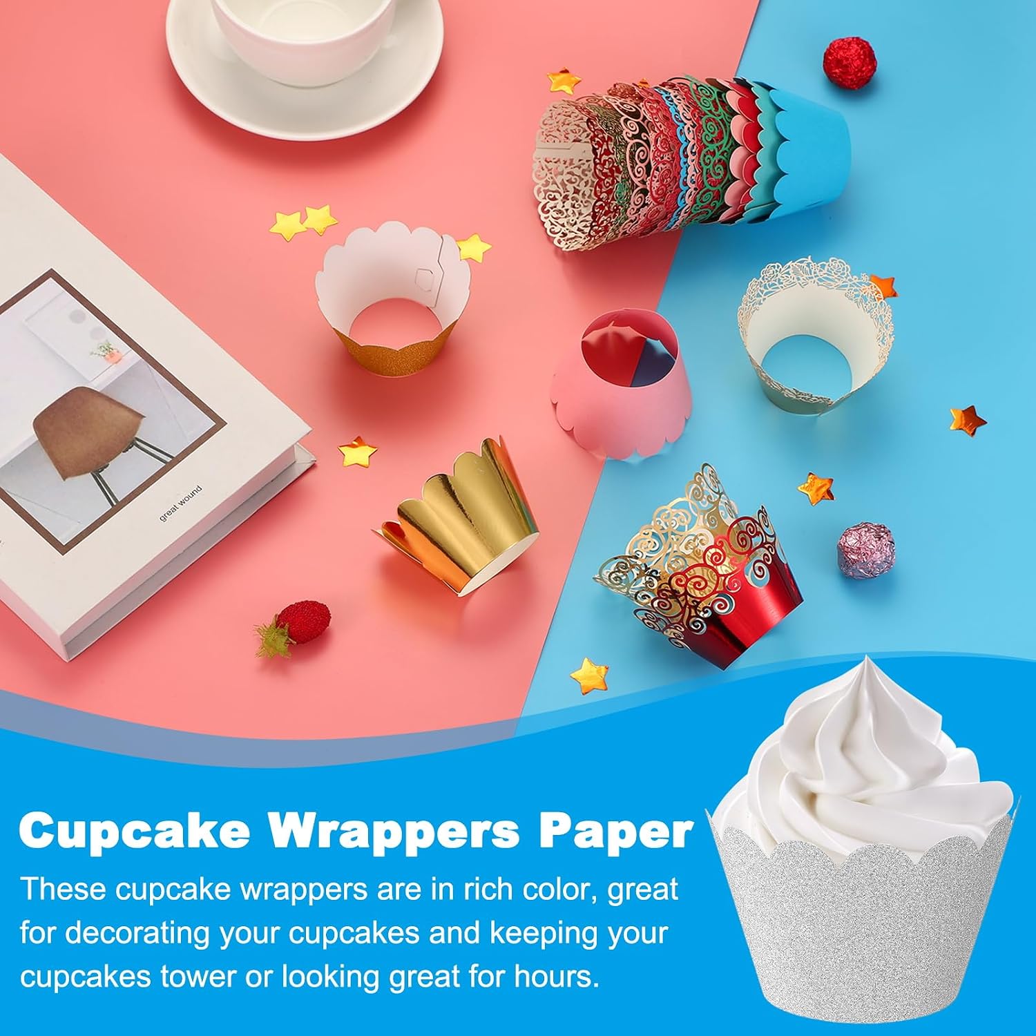 PATIKIL Cupcake Wrappers Paper, 50 Pack Baking Cups Standard Wave Decoration for Anniversary Birthday Weddings and Parties, Light Silver image 4
