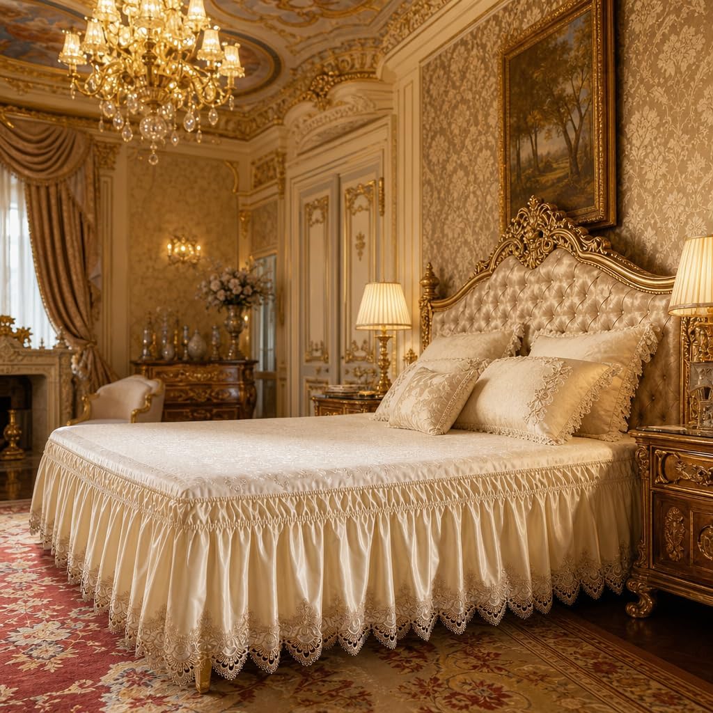 ARTABLE Lace Bed Skirts Wrap Around Ruffled Bed Scarf Elastic Dust with Adjustable Belts 15 Inch Drop Twin Queen King Size Lace Trimmed Bed Skirt (Gold, Queen (60 x 80'')-15 Inch Drop)