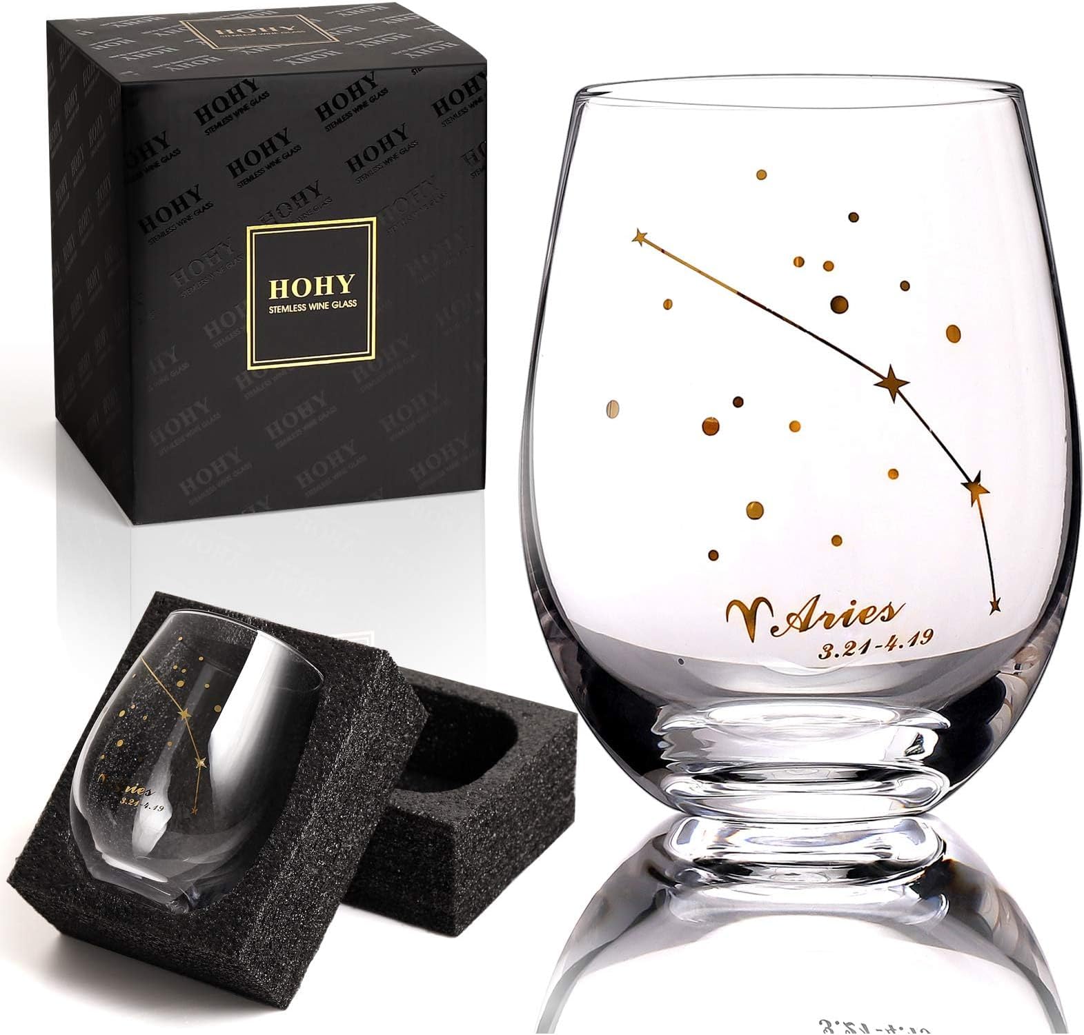HOHY Aries Zodiac Wine Glass 20 Oz, Aries Zodiac Birthday Horoscope Wine Gifts for Women, Birthday Wine Glass Astrology Constellation Christmas Gifts for Women, Constellation Wine Glasses Golden