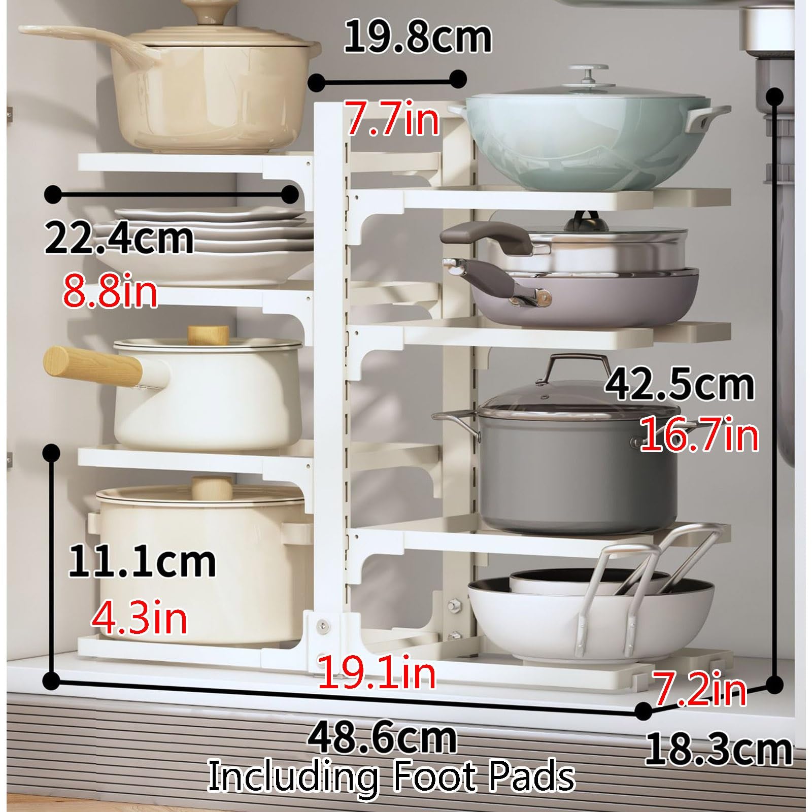 8-stufiges, verstellbares Topf- und Pfannen-Organizer-Regal für den Schrank, Robustes, aufsteckbares Gusseisen-Topf-Aufbewahrungsregal für die Küche, bodenstehender Pfannenhalter (Farbe: