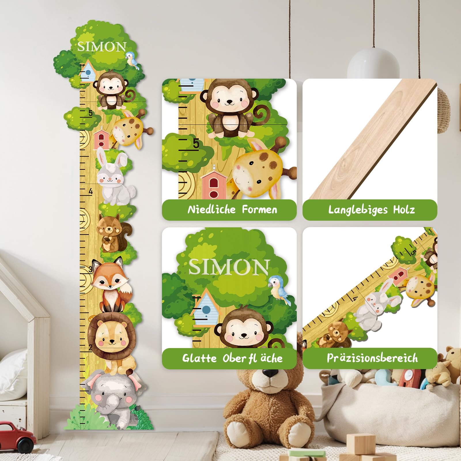 Personalisiert Messlatte Kinder Holz für Baby- & Kleinkinderzimmer mit Namen, Abnehmbares Messlineal für Baby-Messlatte für Schlafzimmer, Wanddekoration (Waldtiere)