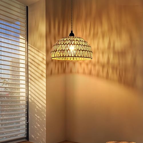 Miniatura 6 de Lámpara colgante bohemia de 3 niveles, lámpara colgante rústica de 17 pulgadas, lámpara colgante rústica tejida a mano de ratán para cocina, isla,