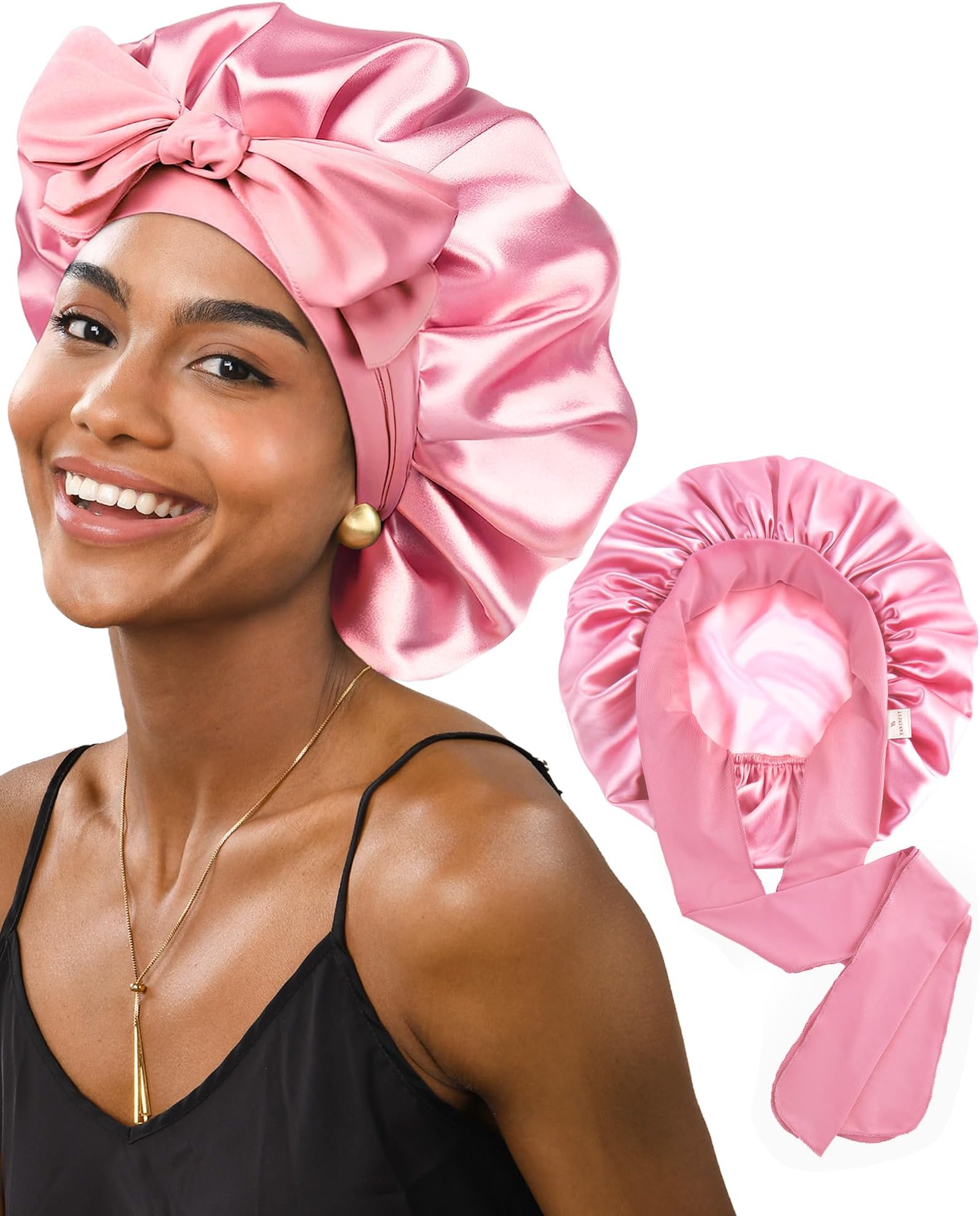 Tie Band Double Layer Butter Satin Bonnet Silk Sleep Cap Silky - View #3