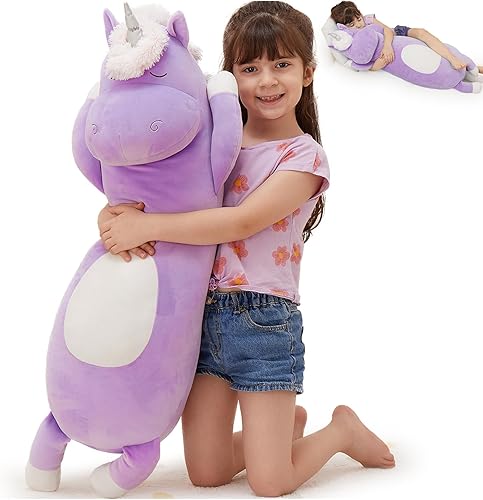 Vista 44 de MorisMos Almohada grande con forma de unicornio, 36.2 pulgadas, peluche de unicornio, almohada súper suave para abrazar para niñas y niños, almohada