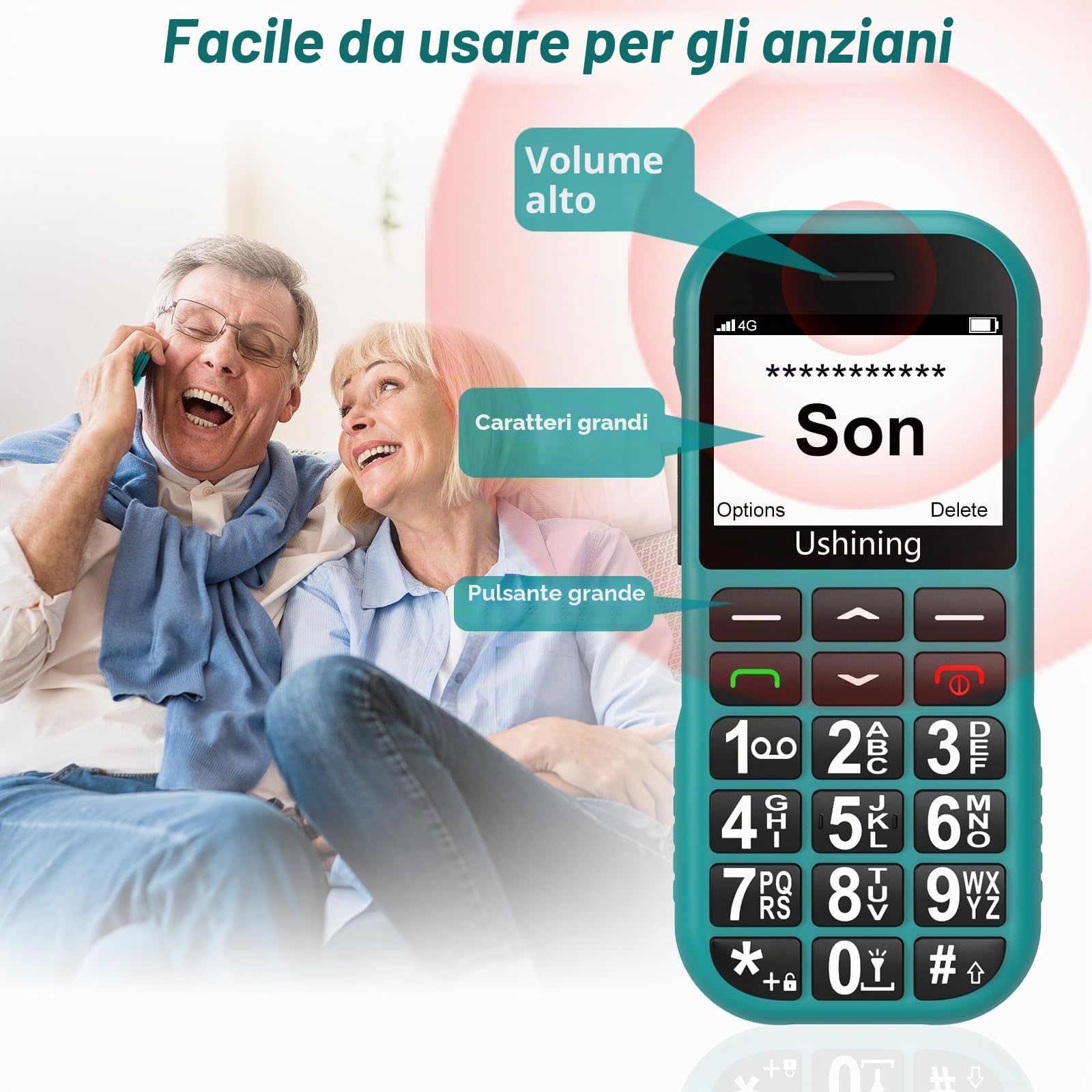 4G Telefono Cellulare per Anziani, Facile da Usare Cellulare per Anziani con Tasti Grandi Volume Alto Pulsante SOS USB C Base di Ricarica Chiamata Rapida Torcia Sveglia 1800mAh Batteria, Verde