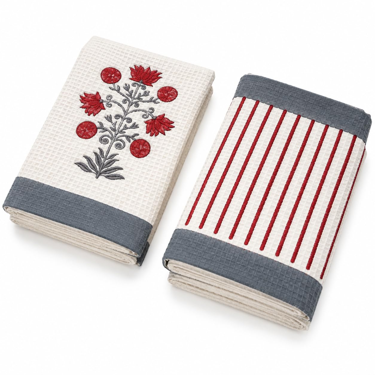 Hand Towel Set of 2 (Red and Grey) | Yellow & Green Striped, Floral Block Print, Waffle Cotton, 61 x 46 cm-image-31