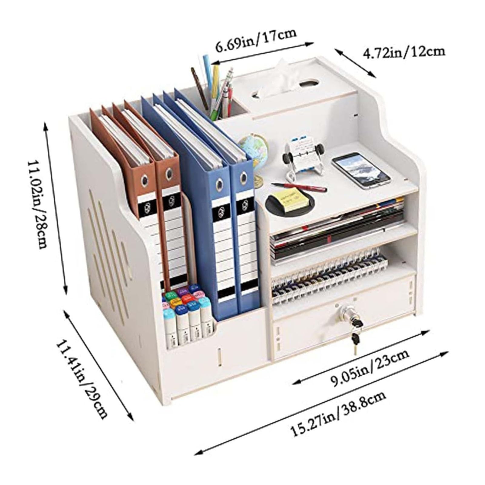 Schreibtisch-Organizer Aus Holz Mit Schublade, Geräumiger Ablagekorb Für Dokumente Und Papier (A4), DIY-Aufbewahrungsbox Für Büromaterialien, Bücherregal Für Zuhause(White)