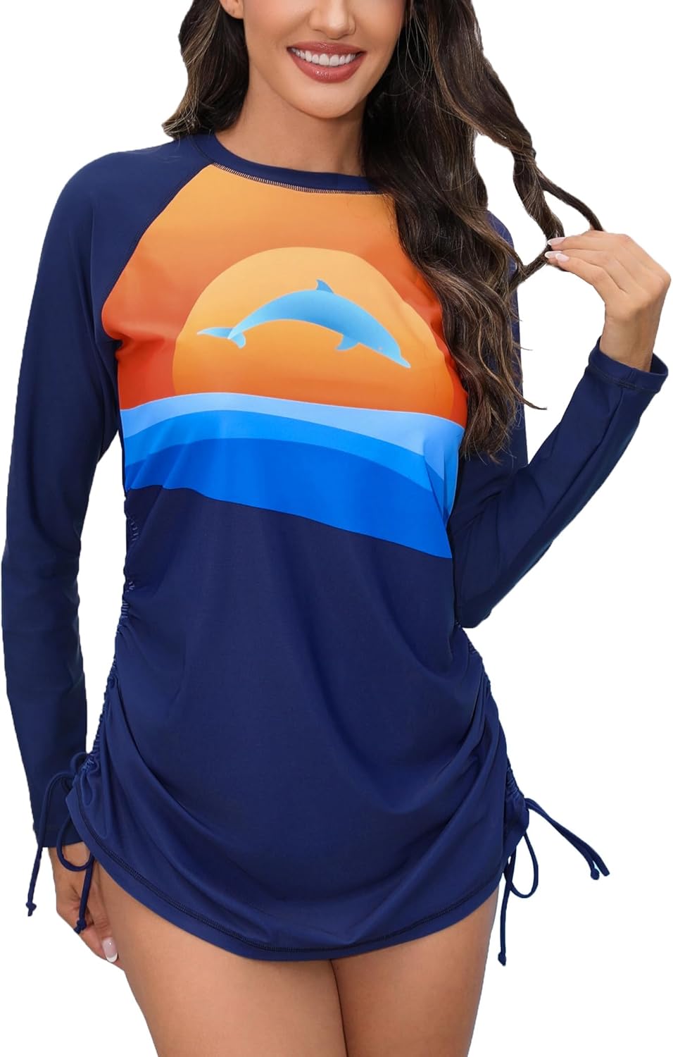 Halcurt Women's Long Sleeve Rash Guard Swim Shirt with Tie Drawstring UPF 50+ Sun Protection Swimsuit Top