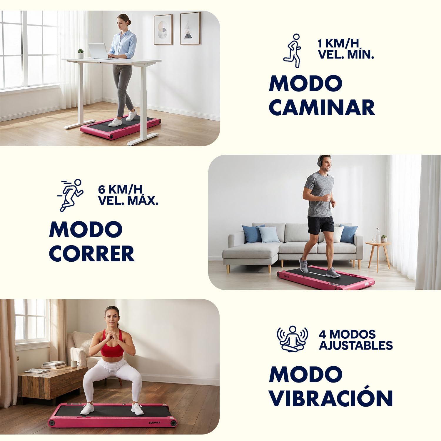 Squatz Cinta de Andar y Correr, Caminadora 2 en 1, Pad de Caminata y Barra de Sujecion con Placas de Vibracion, Pantalla LED, Soporte para Dispositivo, Mando a distancia, Fitness en Casa u Oficina