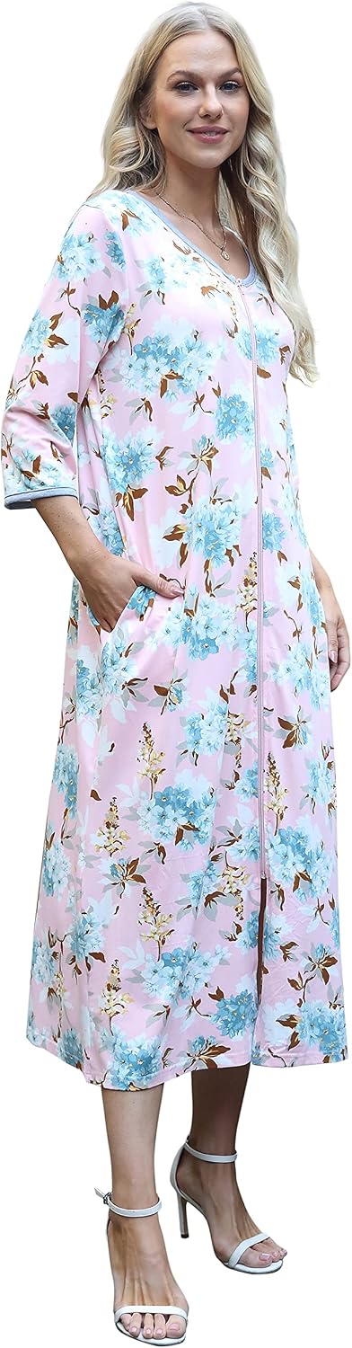 Kasual Womens Zipper Front Robes 3/4 Sleeve Housecoat Long Nightgowns Loose Loungewear with Pockets