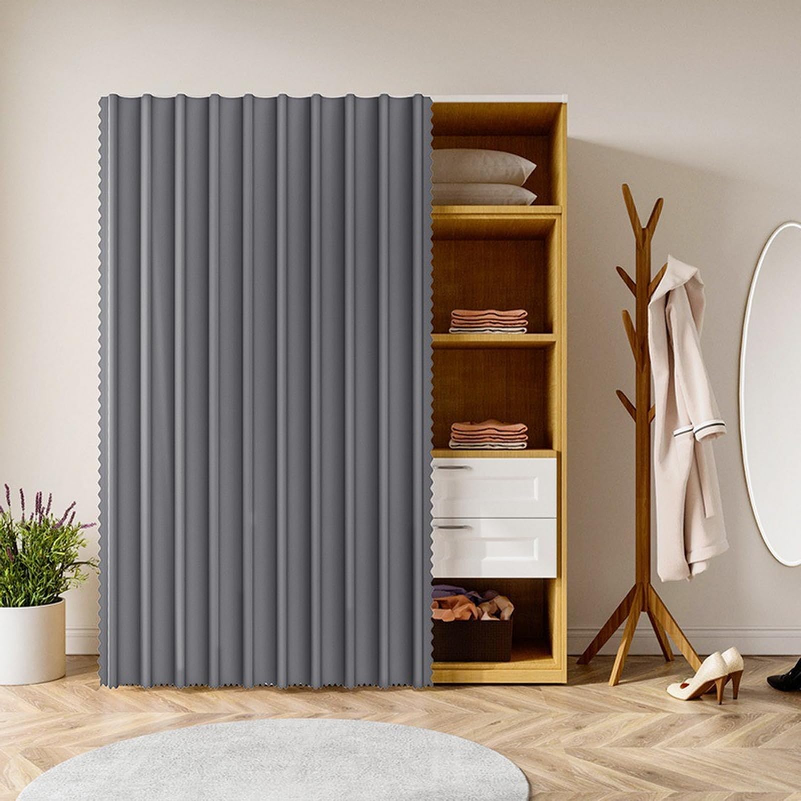 Rideau de placard adhésif pour étagère de cuisine et dressing moderne