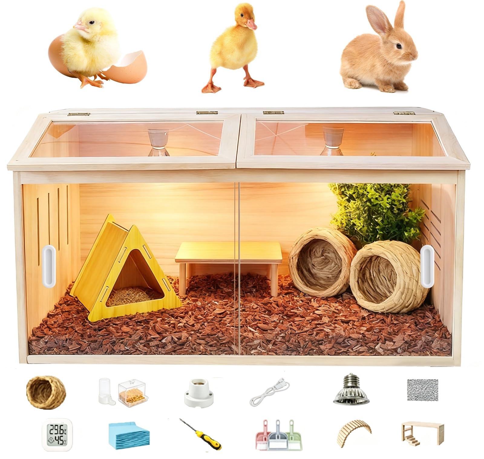 Kükenaufzuchtbox, Chick Brood Box Kükenaufzuchtbox aus natürlichem Kiefernholz, Wachtelstall, leichte Doppeltüren, Ausgestattet mit einem beheizten Lampenhalter