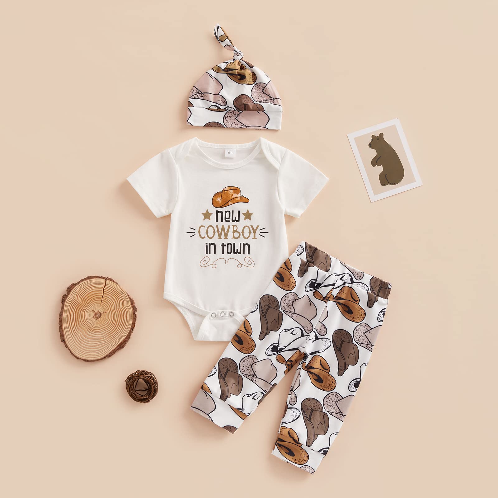 3Pcs Newborn Baby Boy Pants Outfit Western Clothes Set Short Sleeve Cow Print Oneise Romper Jogger Pants with Hat (C-White Hat Print, 0-3 Months)