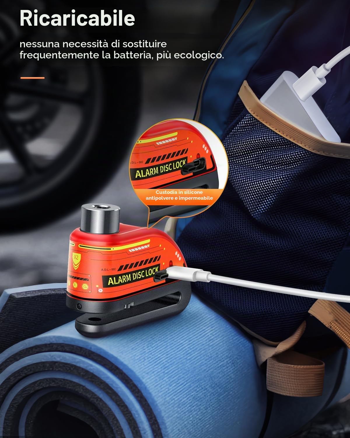 ZEXMTE Lucchetto per disco da moto con allarme, allarme antifurto ricaricabile da 120 dB con cavo promemoria da 1,8 m, lucchetto per motociclette pesanti impermeabile per moto, bici, scooter, e-bike