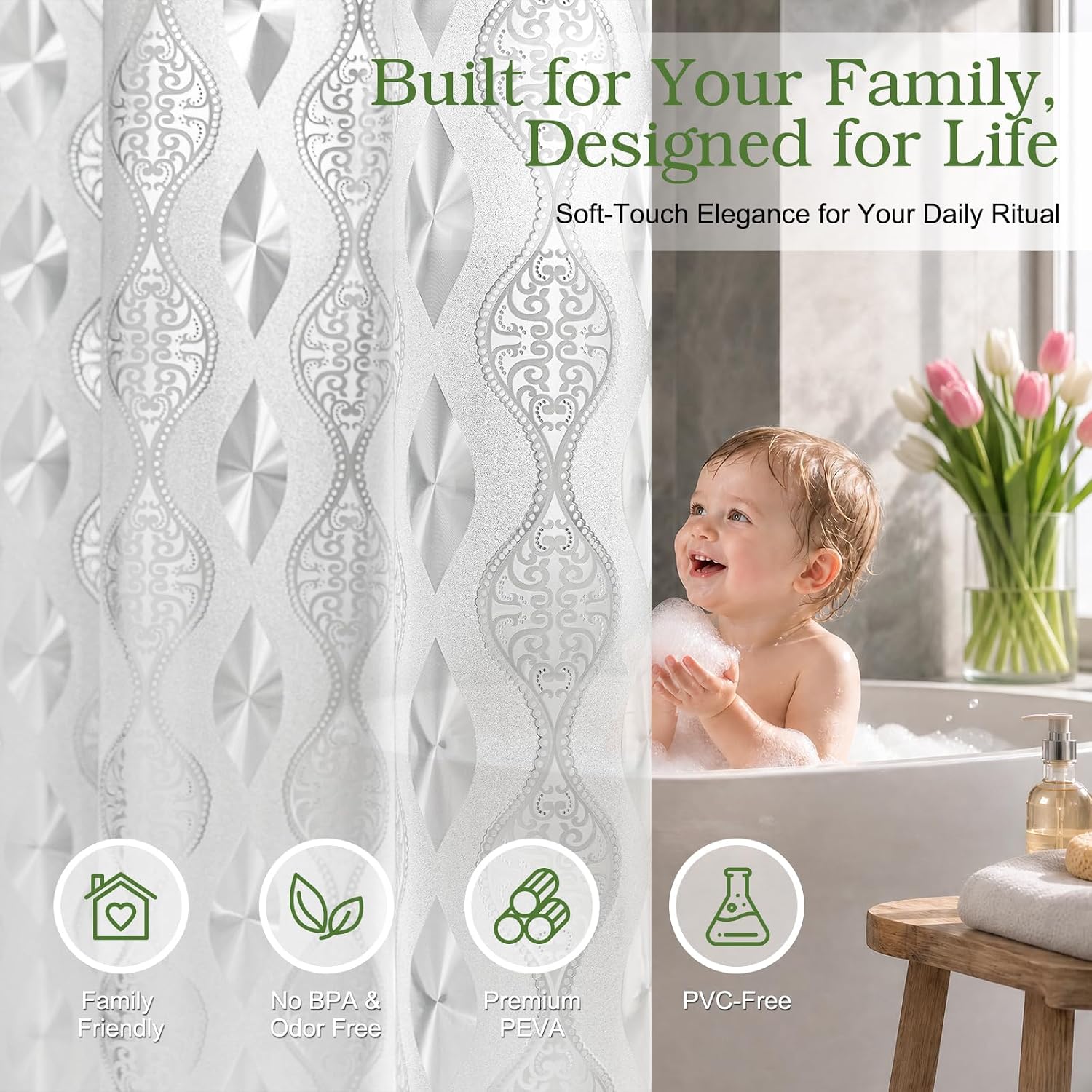 EurCross Textured Translucent Stall Shower Curtain, PVC-Free 110g/m2 Weighted Frosted Paisley Pattern Design Shower Curtain Liner with 2 Stronger Magnetic Magnets, 36x72 Half Size image 2