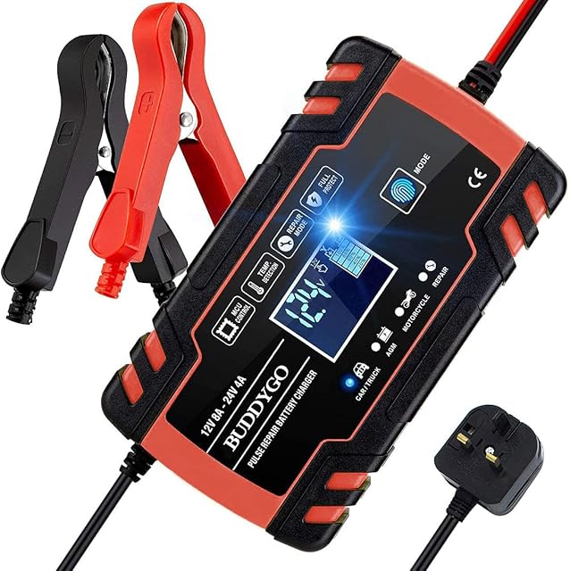BUDDYGO Car Battery Charger, 12V/24V 8Amp Intelligent Automatic Battery Charger/Maintainer Delivers 3 Stage Charging, with LCD Screen And have 6 Charging Mode, Suitable for More Types of Batteries