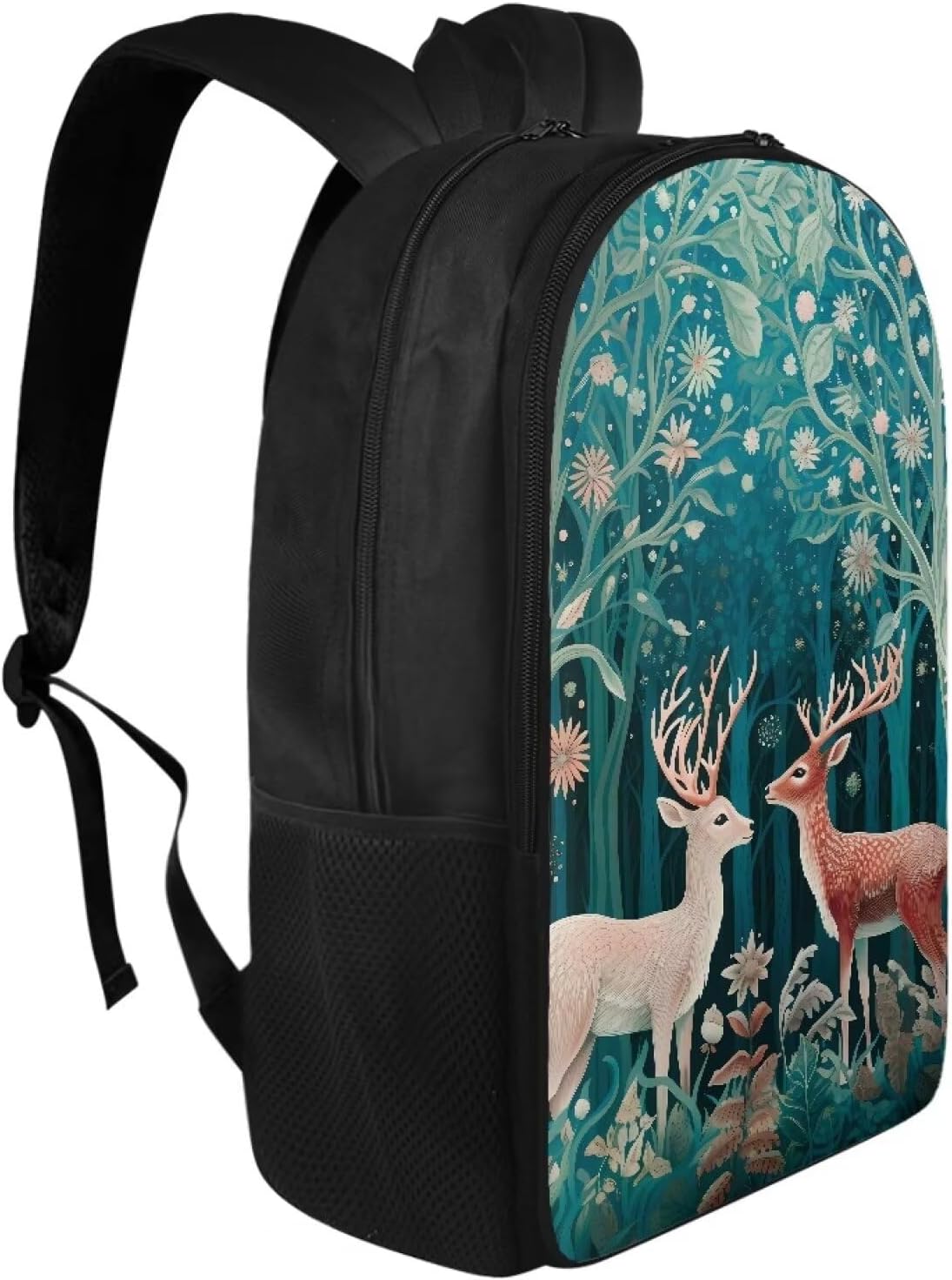 Deer Flower Forest Print Backpack School Bookbag Daypack for Boys Girls Bookbags Rucksack Lightweight School Bag Casual Daypack College Daypack with Double Compartment