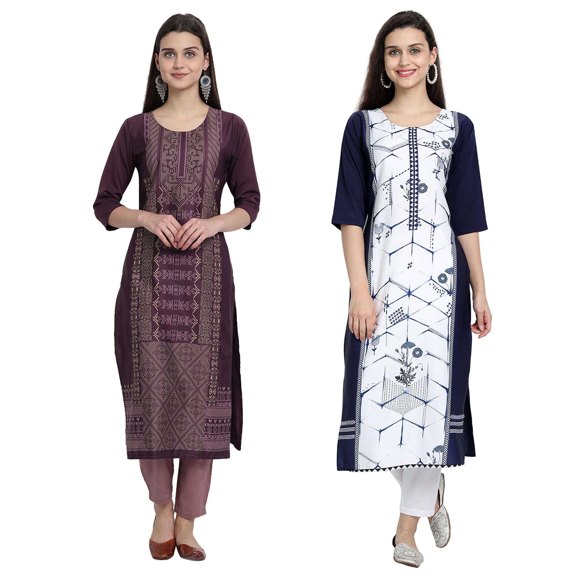1 Stop FashionWomen's Crape Multicolor Digital Print Straight Kurtas/Kurtis (Pack of 2)
