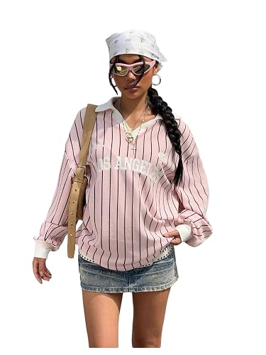 SOLY HUX Women's Oversized Tees Striped Letter Print Y2k Jersey T Shirt Collar V Neck Long Sleeve Loose Tops