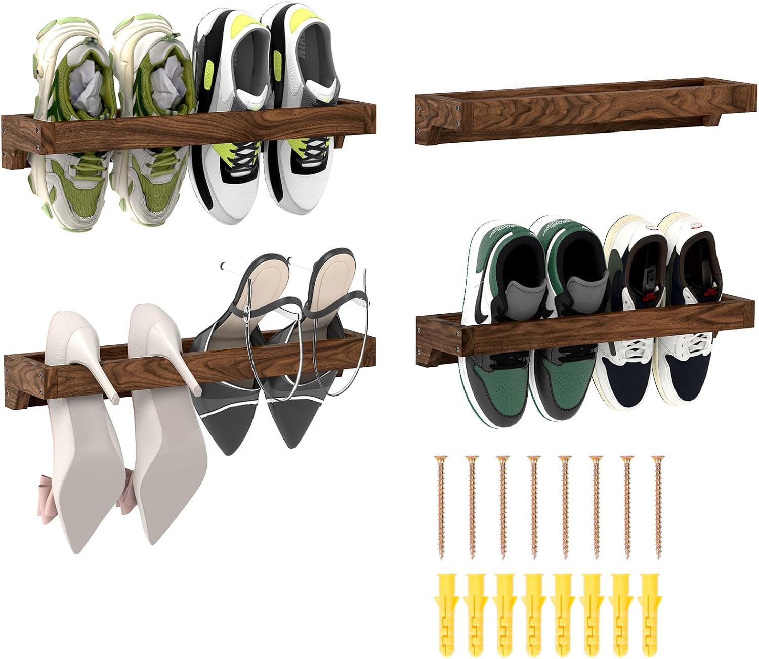 lesolar wall mounted shoe rack 20in, hanging shoe organizer rack 4 pack, solid wood shoe storage rack rustic burnt, wooden shoe shelf rack, hanging shoe organizer holder for closet door rv entryway