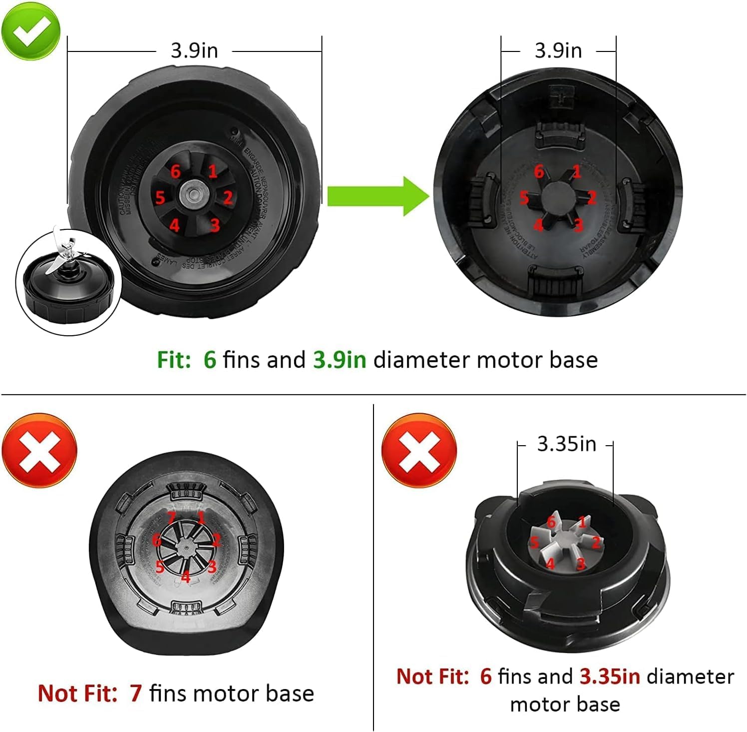 6 Fin Male Blade Compatible with Ninja Blender BL480W-70 BL450-70 BL451-70 BL454-70 BL455-70 BL481-70, Fit for 18oz, 24oz and 32oz Cups (6 Fins, Male)