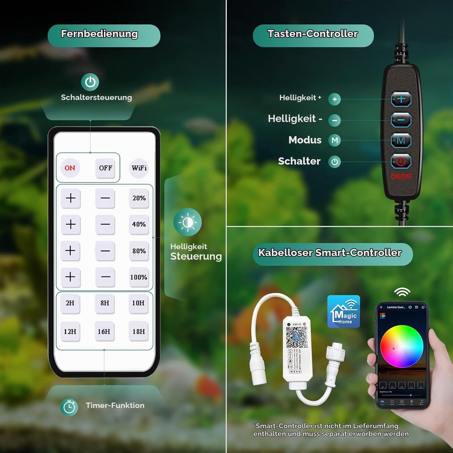 Lominie Aquarium Led Beleuchtung,Clip On Aquarium Lampe,30W | Aquarium Beleuchtung 6500K mit Verstellbarem Schwanenhals,Vollspektrum Nano Aquarium Lampe mit Zeiteinstellung(Süßwasser)