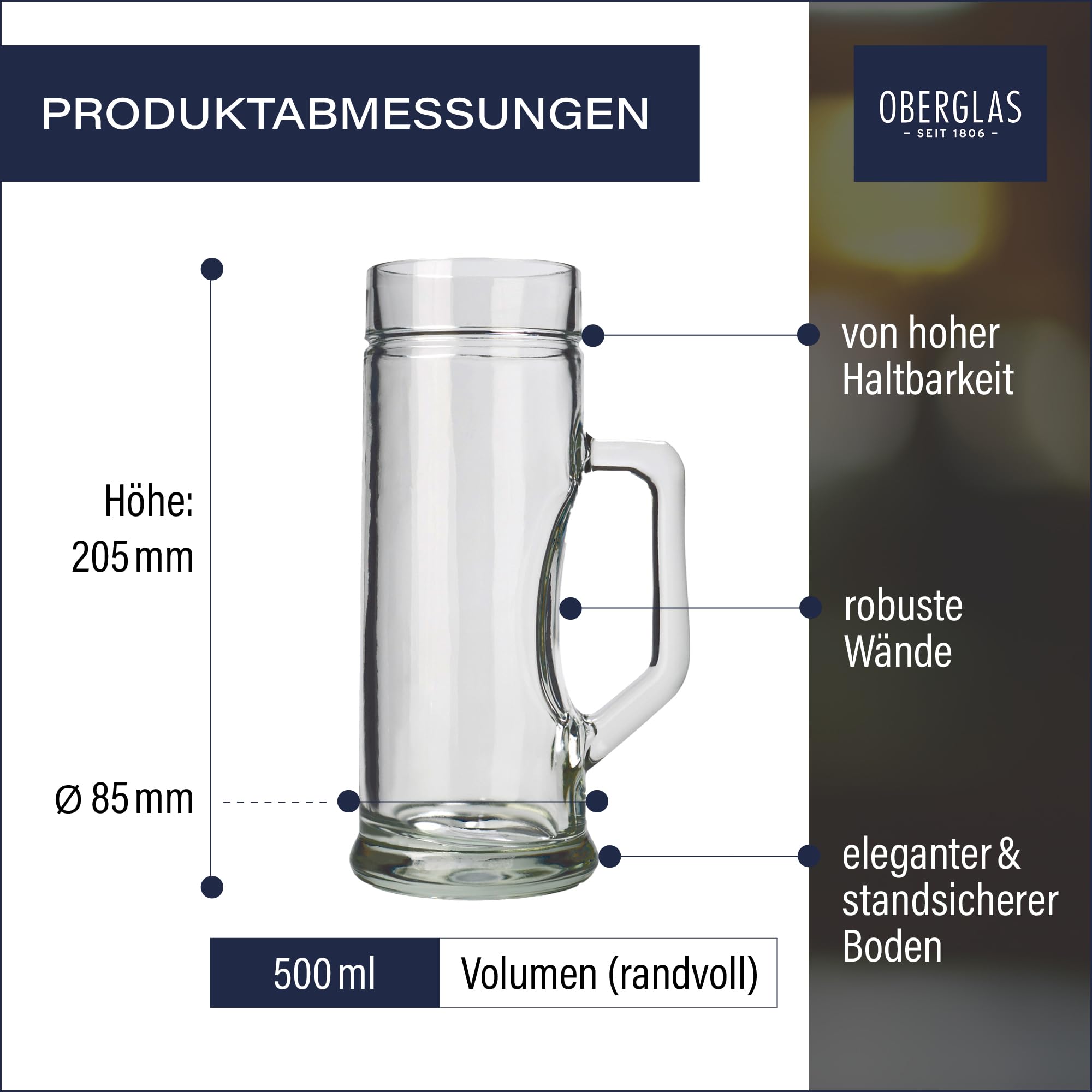 Oberglas Premium Glatt Bierkrug Soda-Lime-Glas 500 ml, 6er-Set | Stabile glatte Bierkrüge und Bierseidel für 0,5 Liter Bier, aus hochwertigem Soda-Lime-Glas, stoßfest & spülmaschinengeeignet