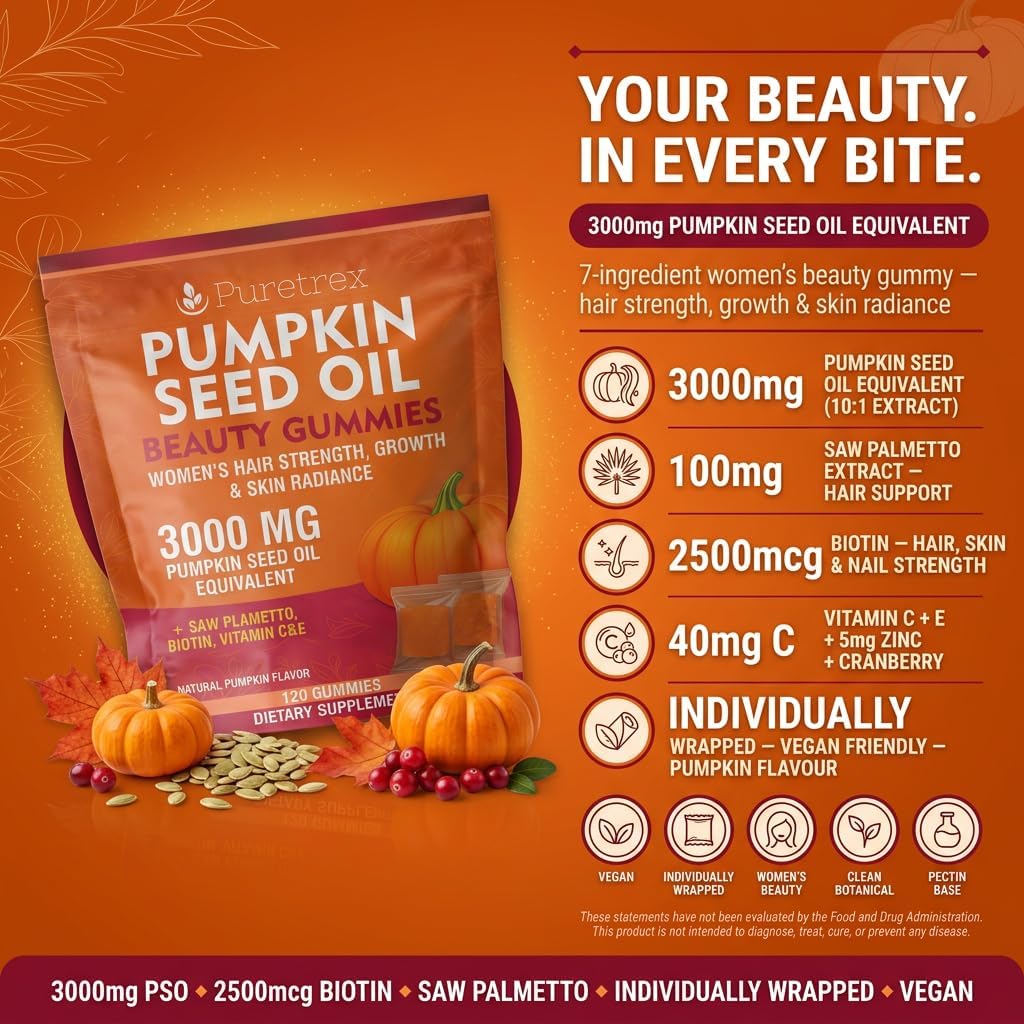 Pumpkin Seed Oil Beauty Gummies, Women's Hair Strength, Growth & Skin Radiance, 120 Count, with Saw Palmetto, Biotin, Vitamins C&E, Natural Pumpkin Flavor
