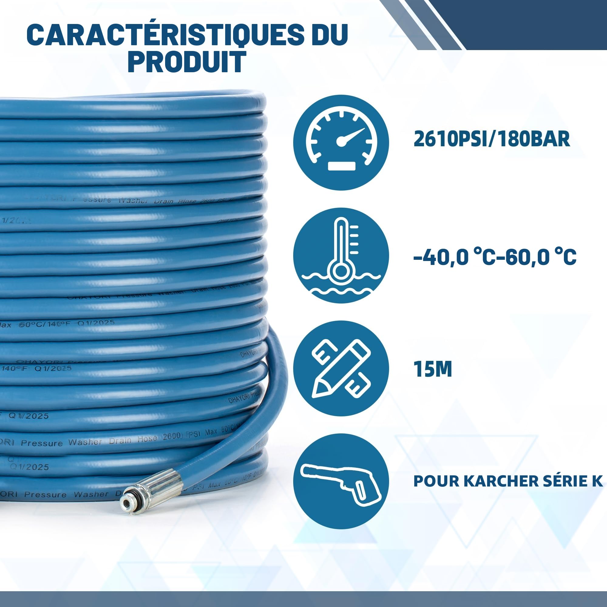 OHAYORI 15M Tuyau Déboucheur Canalisation pour Kärcher K2 K3 K4 K5 K6 K7, Kit Furet Professional with Buse Rotatif & Buse à Jet, 180 Bar Flexible Nettoyeur Haute Pression Accessoire pour M22 Connexion