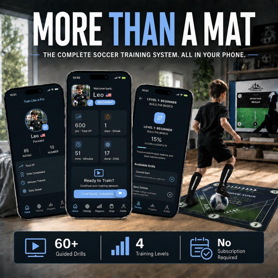 SkillZone Soccer Training Mat with Soccer Ball – Dribbling & Footwork Trainer | Indoor/Outdoor Soccer Training Kit with Interactive Video Hub, Grip Socks & Carry Bag | Control & Agility Practice image 2