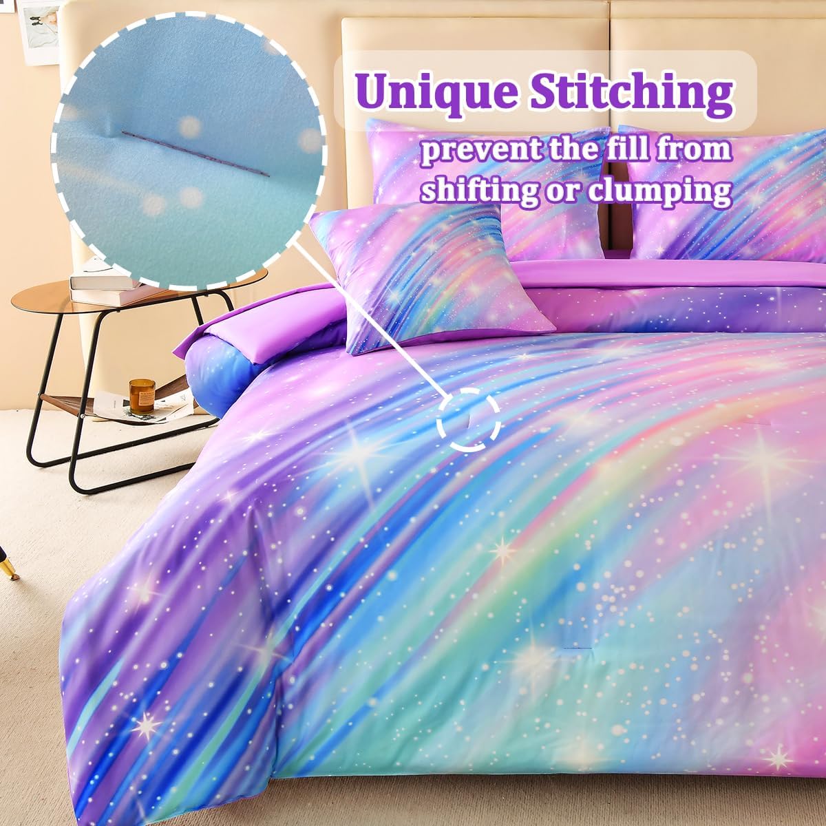 Full Size Bedding Set for Girls, Glitter Rainbow Comforter Set Full, 6 pcs Bed in A Bag Full Size Comforter Sets for Girls Kids, Galaxy Purple Bedding Sets with Sheets