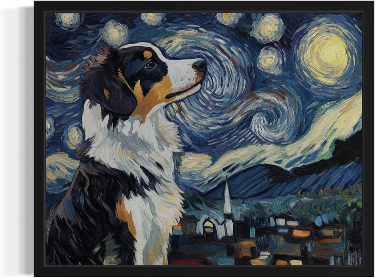 Australian Shepherd Van Gogh Poster Art Print, Starry Night inspired Dog Wall Art Prints Decor Painting, Pet Lover Gifts Abstract Prints Gallery 19 (Australian Shepherd, 8 x 10 inches, Black Frame)