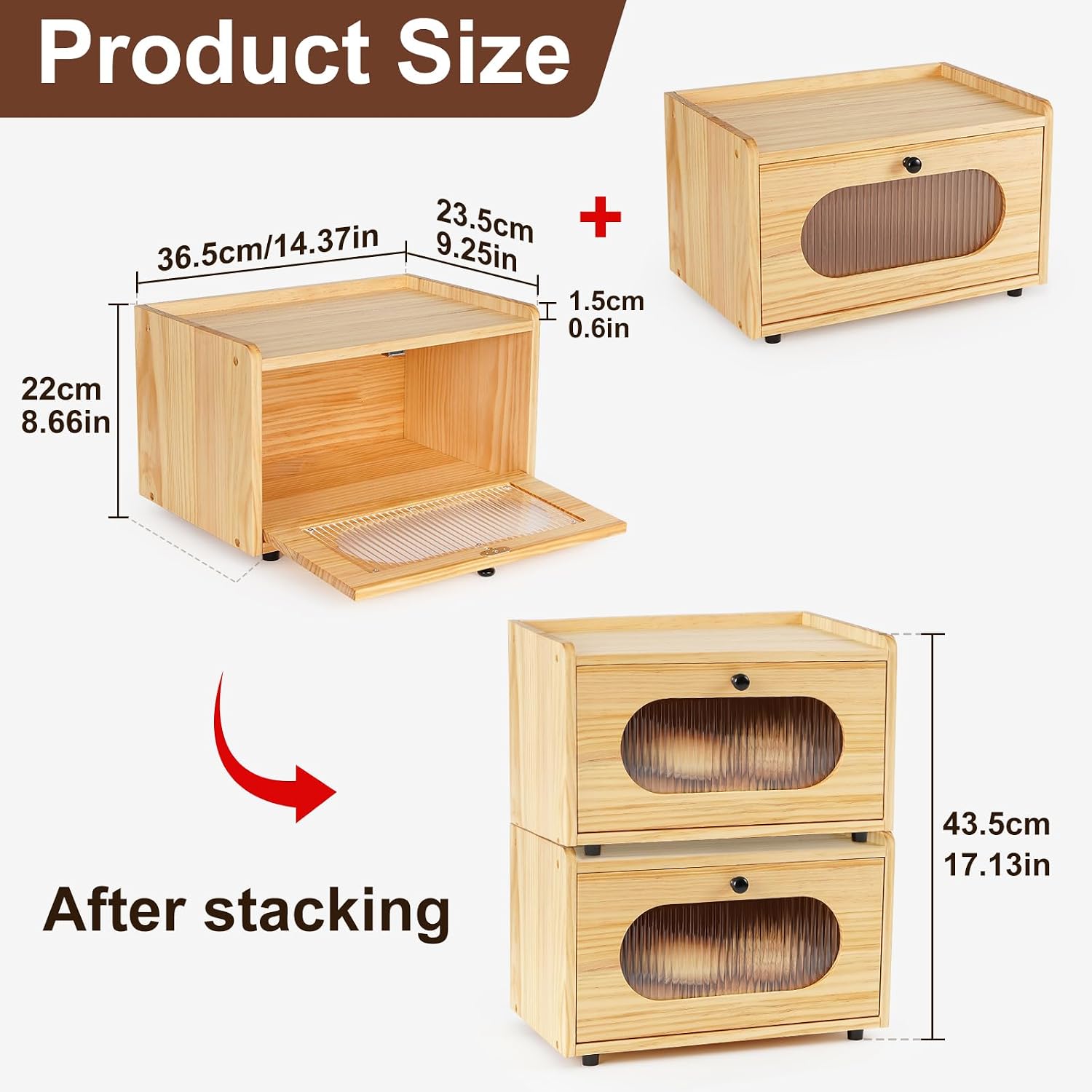 Sunhoo Bread Box for Kitchen Countertop Storage Wooden Breadbox Holder Container Morden Rustic Fresh Bread Keeper Farmhouse Stackable Organizer Bin for Homemade Food Shelf Acrylic Window (Yellow) image 3