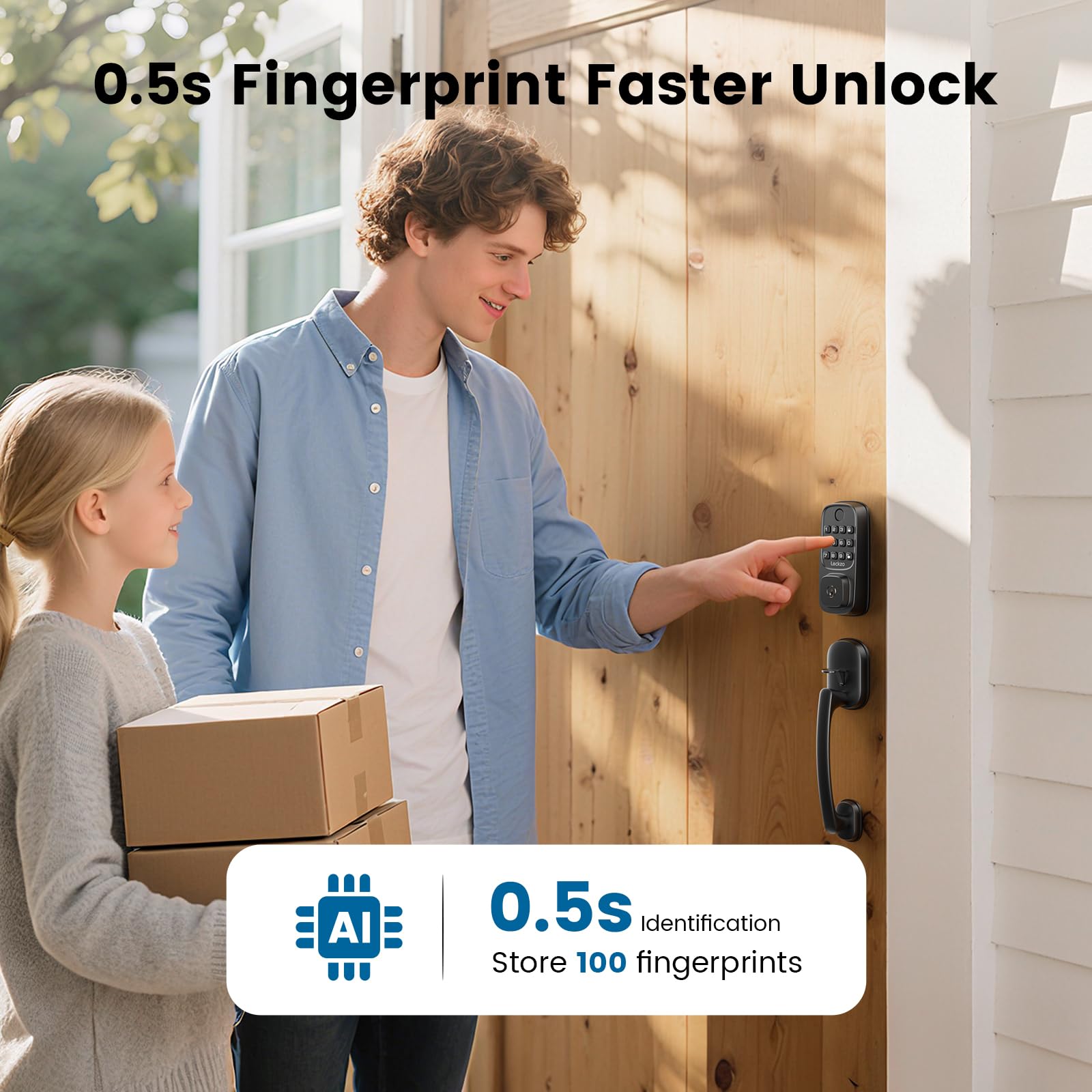Smart Door Lock with Handle, Keyless Entry Door Lock Deadbolt Handle Set, Built-in WiFi Deadbolt Smart Lock for Front, Fingerprint, Keypad Code, App Control, Voice Control