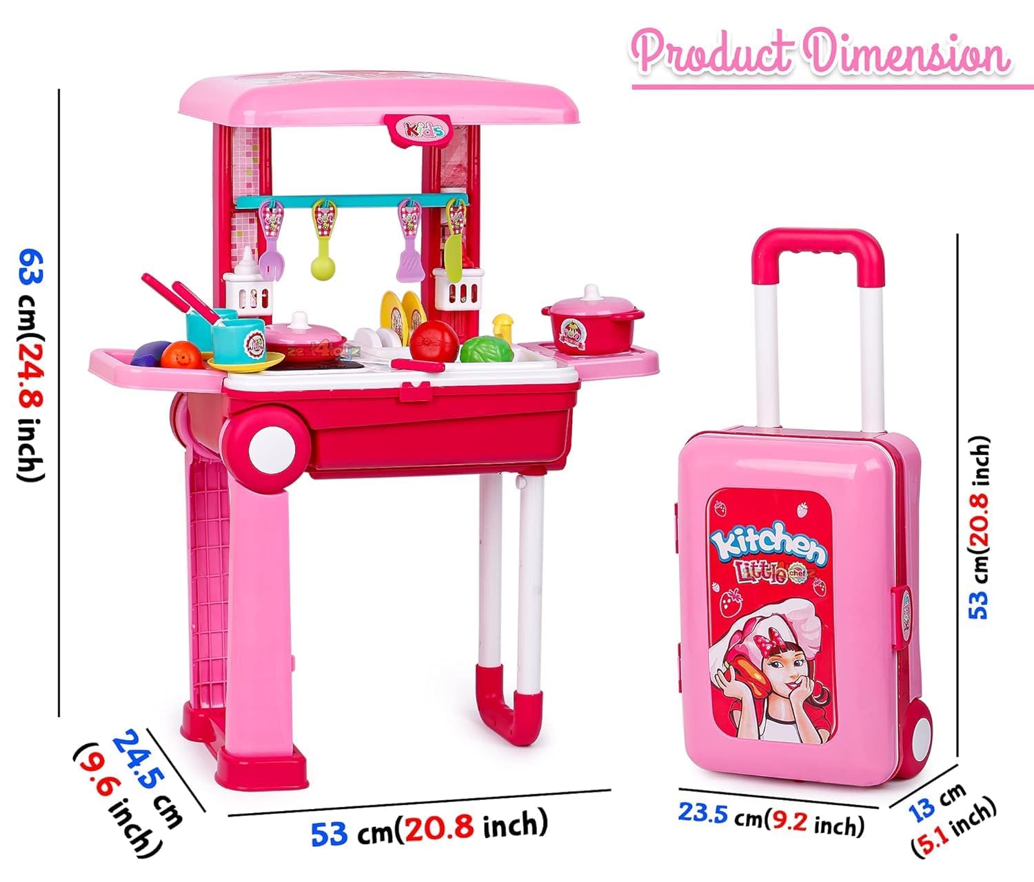 TOYIQ Little Laughs Little Chef 2 in 1 Kitchen Play Set, Pretend Play Trolly Kitchen Kit for Kids with Suitcase Trolley Carrycase with Sound - Accessories Included 2