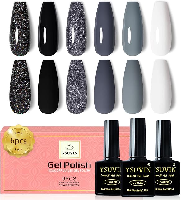 Yueshop 6 Colors Gel Nail Polish Dark Gray Glitter Gel Nail Polish Black Sparkle White Gel Polish Kit, Soak Off UV LED Gel Nail Lamp Nail Art Varnish Manicure