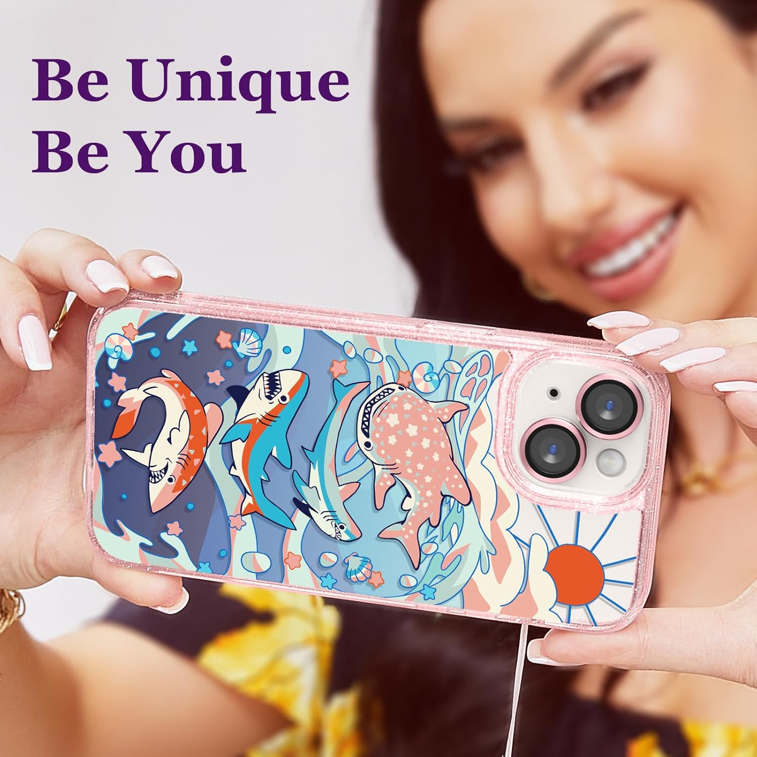 Designed for iPhone 14 Case Pink Glitter Clear - Cute Bling Phone Case with Wrist Strap - Aesthetic Y2K Case for Woman, Girl 6.1" (Cute Shark)