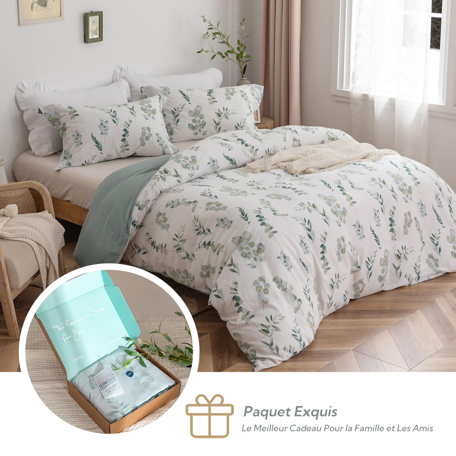 MILDLY Housse de Couette 220x240 Coton - Design Motif Botanique, 100% Coton Lavé, Certifié Oeko-TEX, Vert Sauge Motif Feuilles Parure de Lit 2 Personnes 220x240 Coton avec 2 Taies d'oreiller 65x65 cm