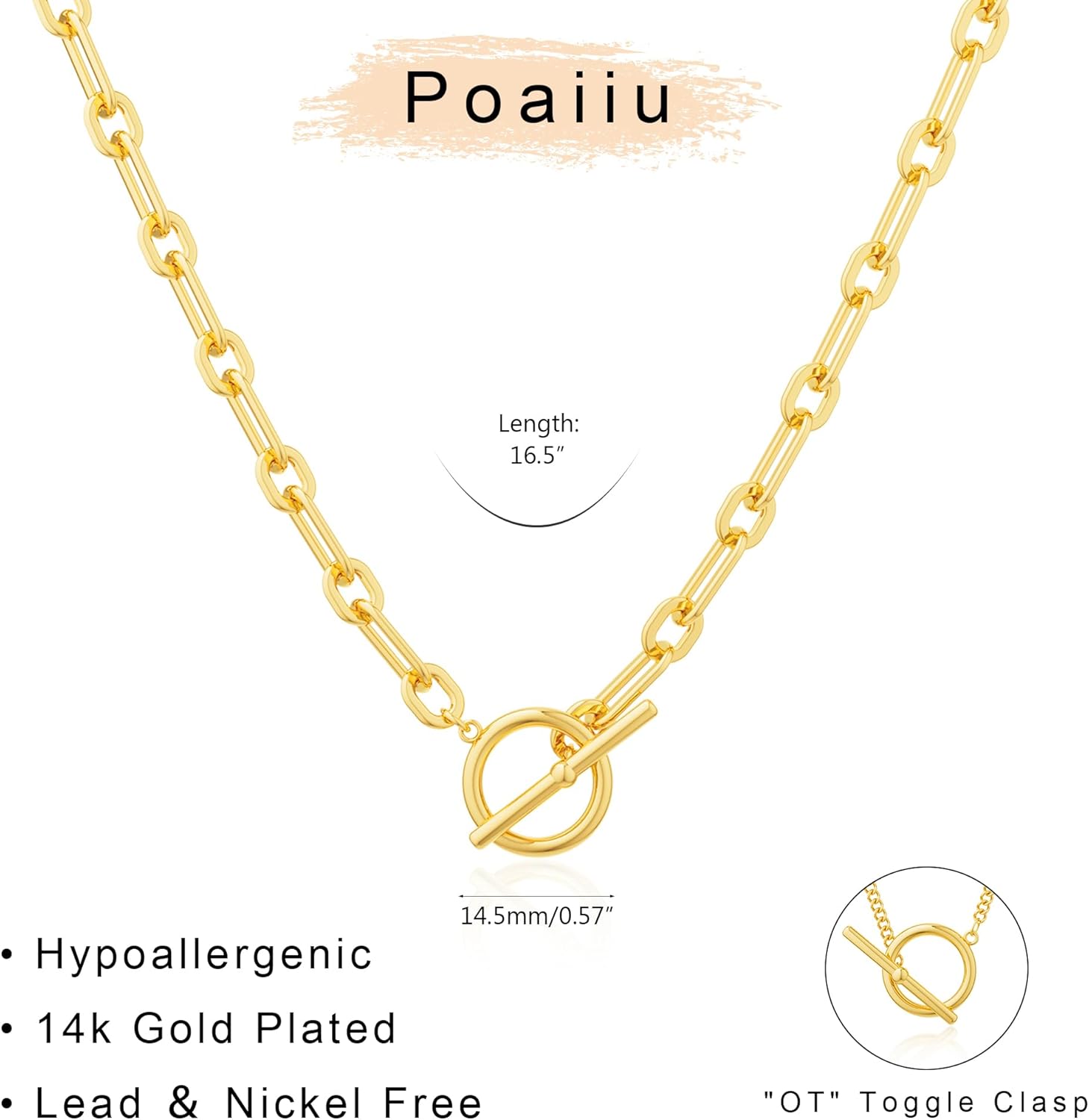 14K Gold Necklace for Women, 14K Gold Plated Chain Necklace Dainty Choker Necklace for Women Trendy Chunky Pendant Necklaces Layering Toggle T-bar Clasp Link Chain Necklace Jewelry - Image 4