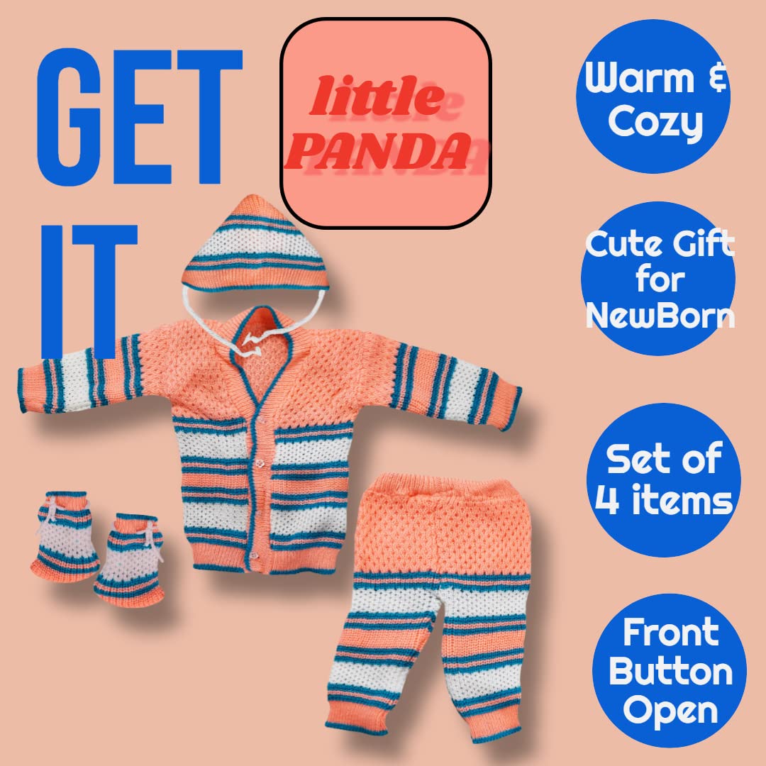 little PANDA Born Baby Sweater for Baby Boys & Baby Girls Woollen Full Sleeves, V Neck Sweater Top, Bottom, Cap & Booties Set (0-3 Months) (Peach) - Image 2 thumbnail