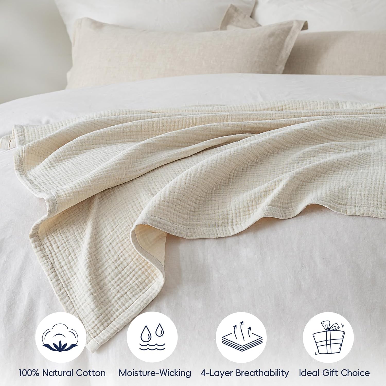 PHF 100% Cotton Muslin Throw XL Blanket Large 50" x 70", 4-Layer Lightweight Gauze Throw, Breathable Cloud-Soft Minimalist Blanket for Bed, Couch, Camping, Oat Milk, Ideal Gift