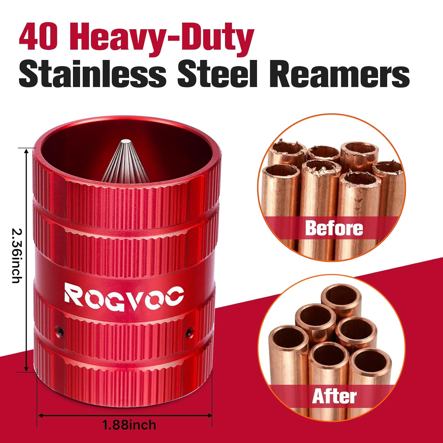 Pipe Reamer Tool, HVAC Deburring Tool for Pipe Cleaning from 1/4 Inch to 1-1/4 Inches, Inner Outer Copper Reamer with 40 Sharp Stainless Steel Reamers for PVC, Copper, Aluminum, PPR Tubes, Red