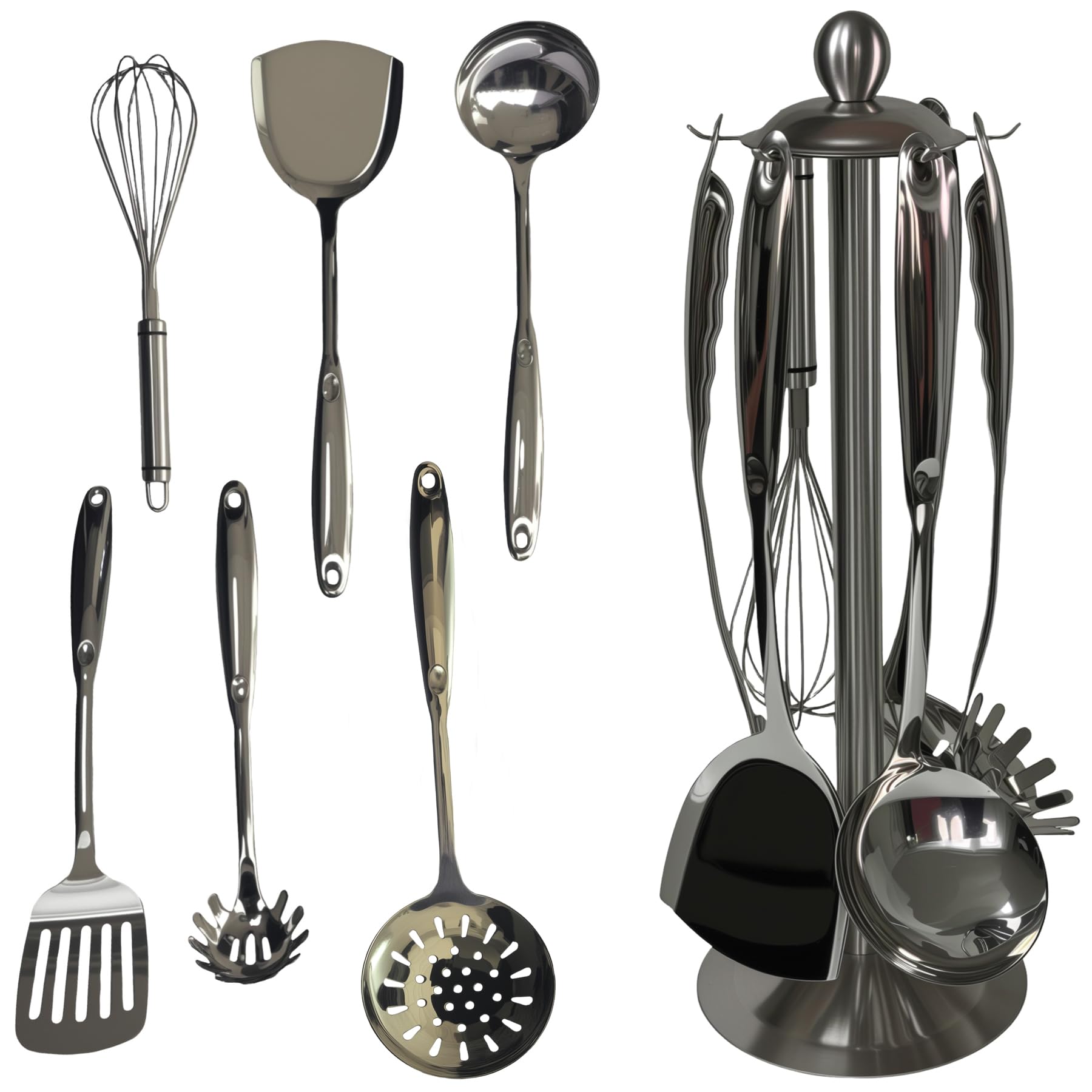 Set di 7 utensili da cucina SS – spatola, spatola, schiumarola, mestolo, pasta, frusta e rastrelliera rotante