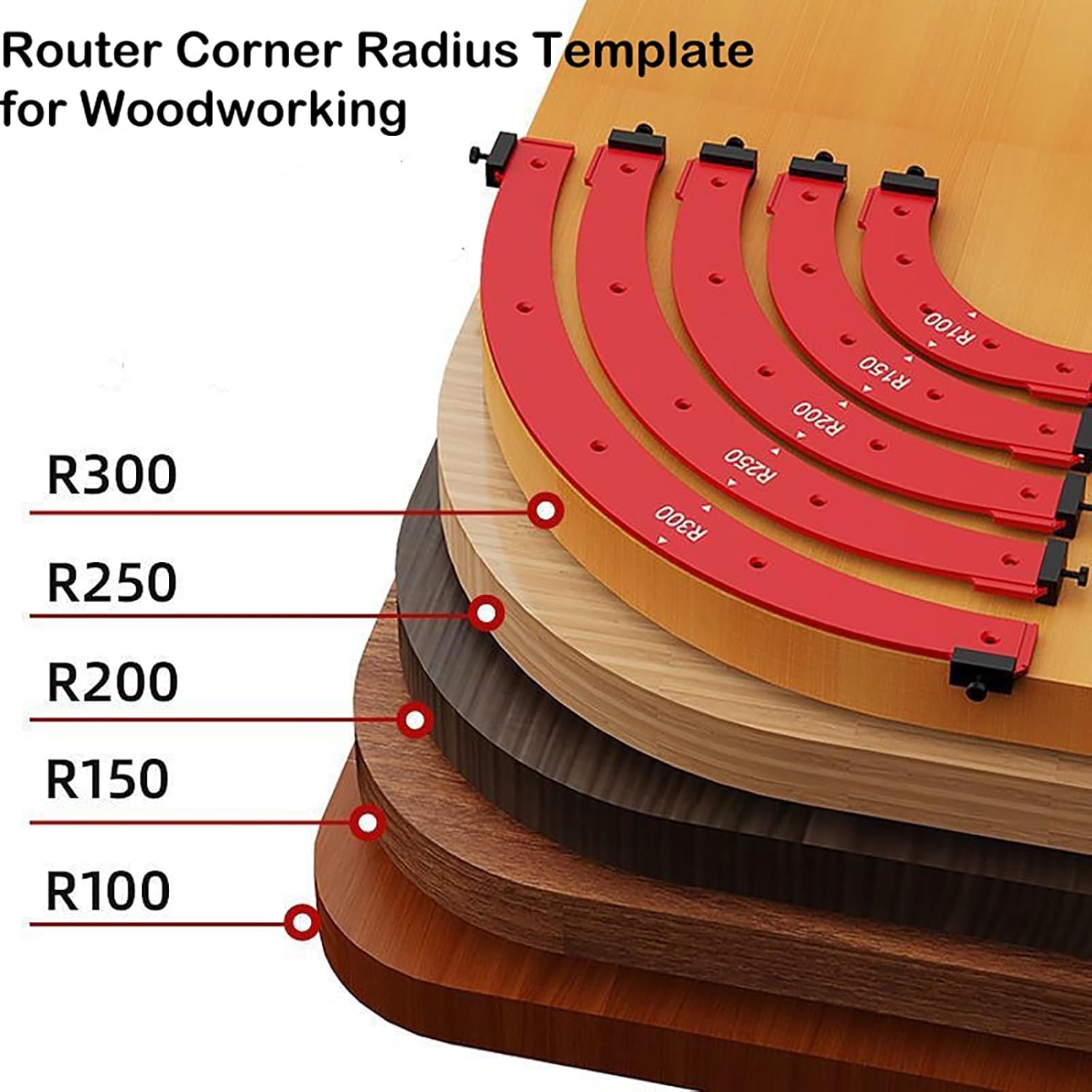 5Pcs Round Corner Radius Template, Aluminum Alloy Radius Jig Router Template for Woodworking, Arc Cutting Auxiliary Tool, Corner Positioning Jig, R100 R150 R200 R250 R300